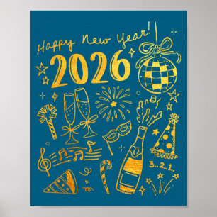 Hello 2026 Disco Ball Coquette Bow Happy New Year Poster
