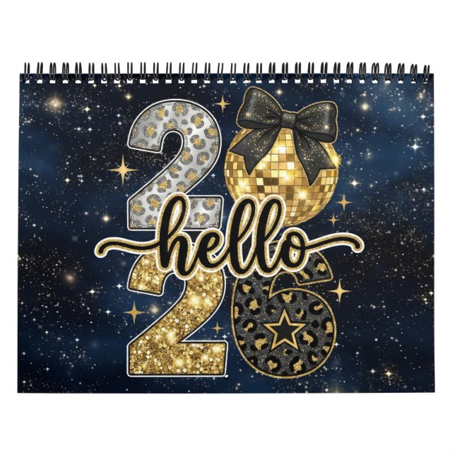 Hello 2026 Gold Glitter Chic Galaxy Calendar (Cover)