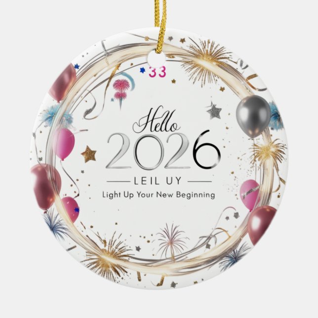 Hello 2026 Metallic Balloons Circle  Ceramic Ornament (Front)