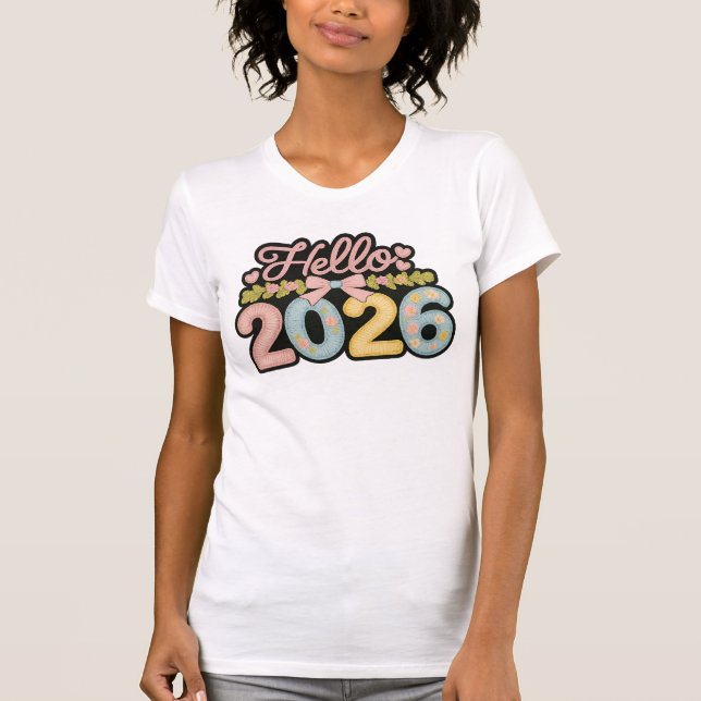  Hello 2026 Pastel Floral Embroidery Style Tee (Front)