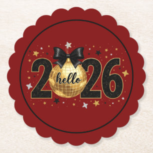 Hello 2026 Red Glitter Sparkle Design Paper Coaster