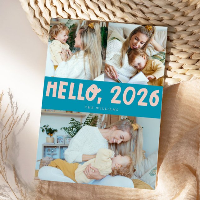 Hello 2026 Typography Aqua Blue Photo Holiday Card (Creator Uploaded)