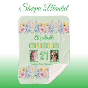 Hello 21 2 photo name date flowers green sherpa blanket