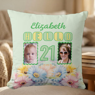 Hello 21 name 2 photos gerbera flowers green cushion