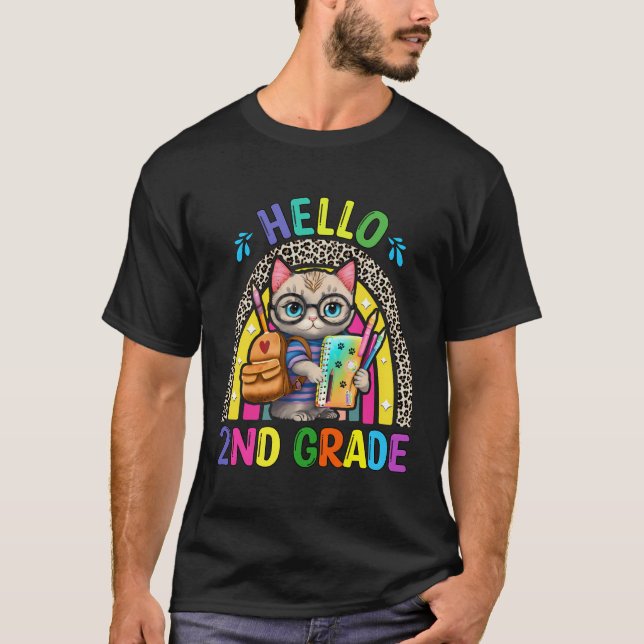Hello 2Nd Grade Cute Cat Leopard Boho Rainbow Back T-Shirt (Front)