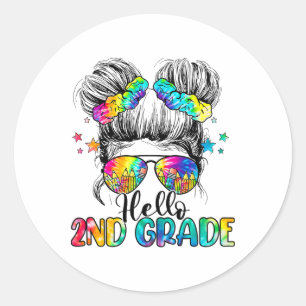 Hello 2nd Grade Messy Hair Bun Girl Ck To School F Classic Round Sticker
