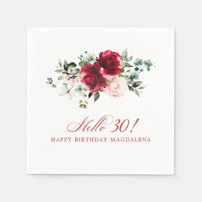 Hello 30 Birthday Party Red Pink Floral Napkin (Front)