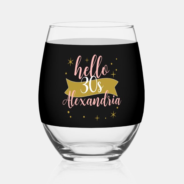 Hello 30 Birthday Personalised Design Stemless Wine Glass (Front)
