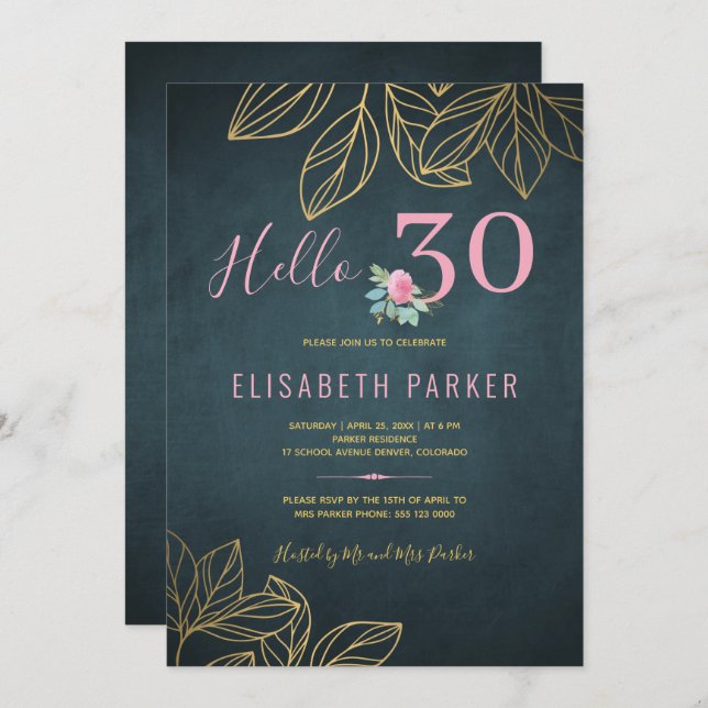 Hello 30 chic gold navy pink 30th birthday party invitation (Front/Back)
