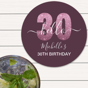 Hello 30! Fun 30th birthday Pink glitter Round Paper Coaster