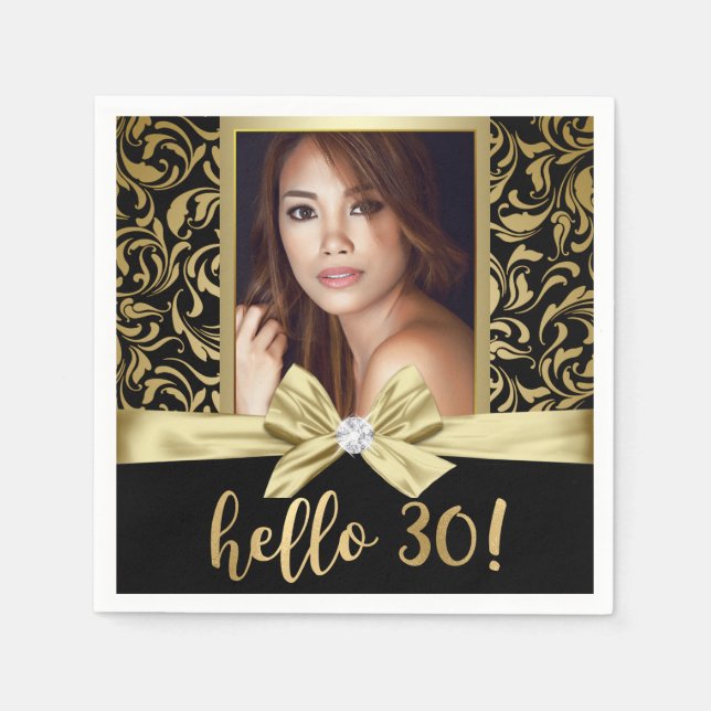 Hello 30 Gold Black Damask 30th Birthday Napkin (Front)