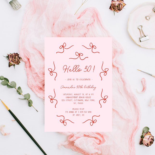 Hello 30 Hand Drawn Whimsical Bows Birthday Party Invitation (Creator Uploaded)