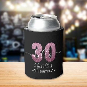 Hello 30! Modern 30th birthday Pink glitter Can Cooler