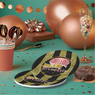 hello 30 Personalized 30th birthday glitter stripe Paper Plate