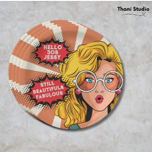 Hello 30s Woman Vintage Retro 90s Fun Birthday Paper Plate