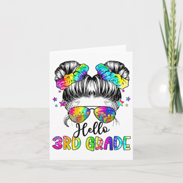 Hello 3rd Grade Messy Hair Bun Girl Back To School Card (Front)