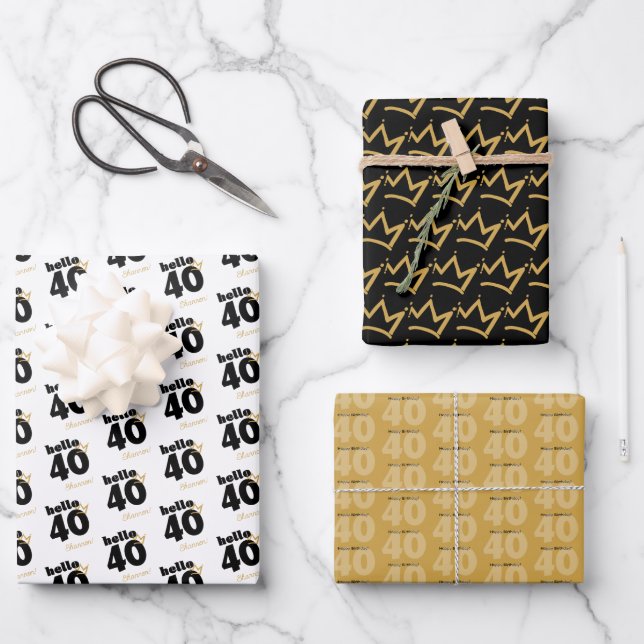 Hello 40 Black & Gold Wrapping Paper Set of 3 (Front)