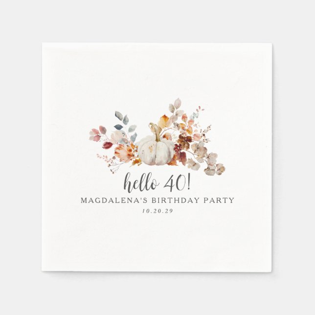 Hello 40 Fall Pumpkin Leaves Custom Birthday Napkin (Front)