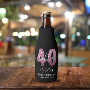 Hello 40! Funny 40th birthday with Pink glitter Bottle Cooler