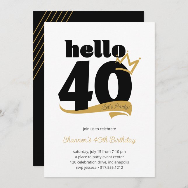 Hello 40 Milestone Birthday Black Gold Crown Invitation (Front/Back)
