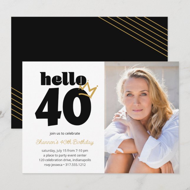 Hello 40 Milestone Birthday Crown Custom Photo Invitation (Front/Back)