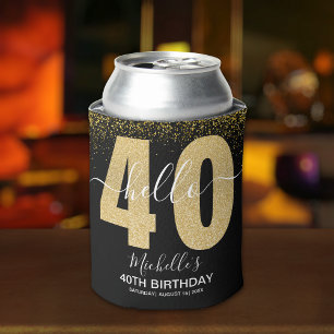 Hello 40! Modern 40th Birthday Chic Golden glitter Can Cooler