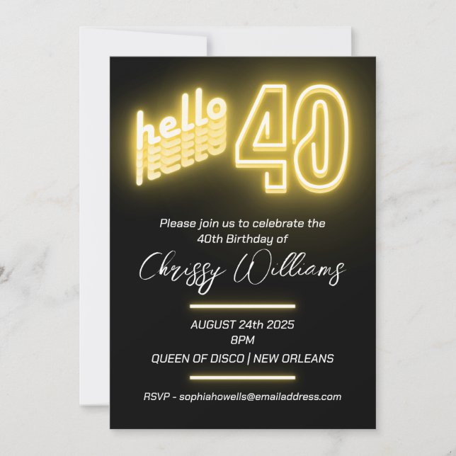 Hello 40 retro neon 40th Birthday Invitation (Front)