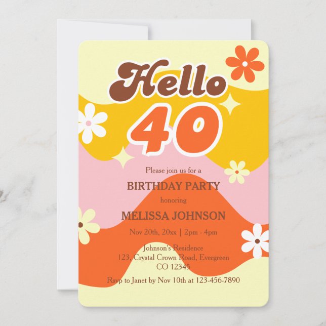 Hello 40 Retro Wave Groovy Flower Birthday  Invitation (Front)