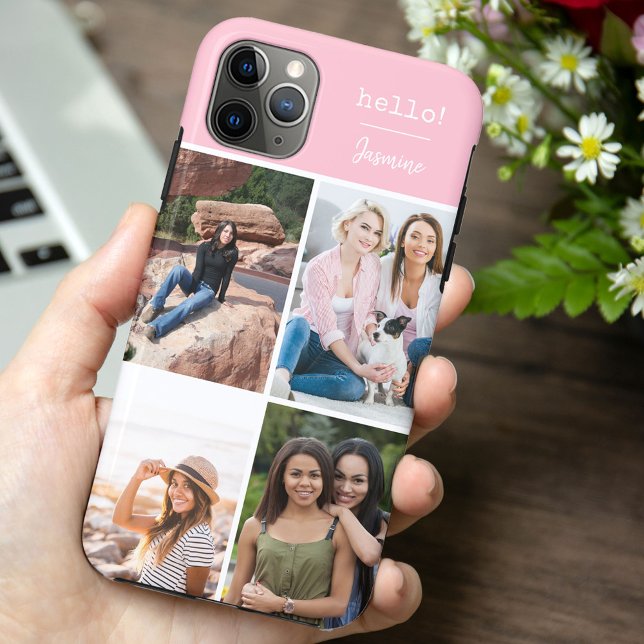Hello! 4 Photo Collage Pretty Pink Personalised Case-Mate iPhone Case (Creator Uploaded)