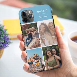 Hello! 4 Photo Collage Sky Blue Personalised Case-Mate iPhone Case