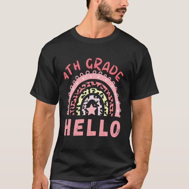 Hello 4th Fourth Grade Leopard Rainbow T-Shirt (Front)