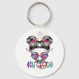 Hello 4th Fourth Grade Messy Bun Ck To School Tie Key Ring