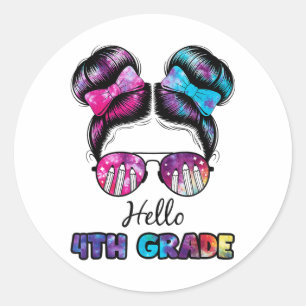 Hello 4th Grade Messy Bun First Day Of School Outf Classic Round Sticker