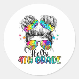 Hello 4th Grade Messy Hair Bun Girl Ck To School F Classic Round Sticker