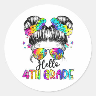 Hello 4th Grade Messy Hair Bun Girl Ck To School F Classic Round Sticker