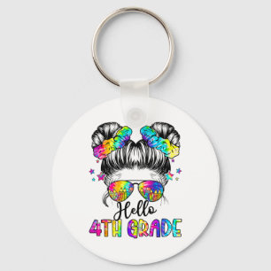 Hello 4th Grade Messy Hair Bun Girl Ck To School F Key Ring