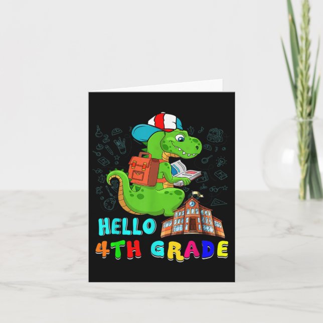 Hello 4th Grade T-rex Wearing School Bag Reading B Card (Front)