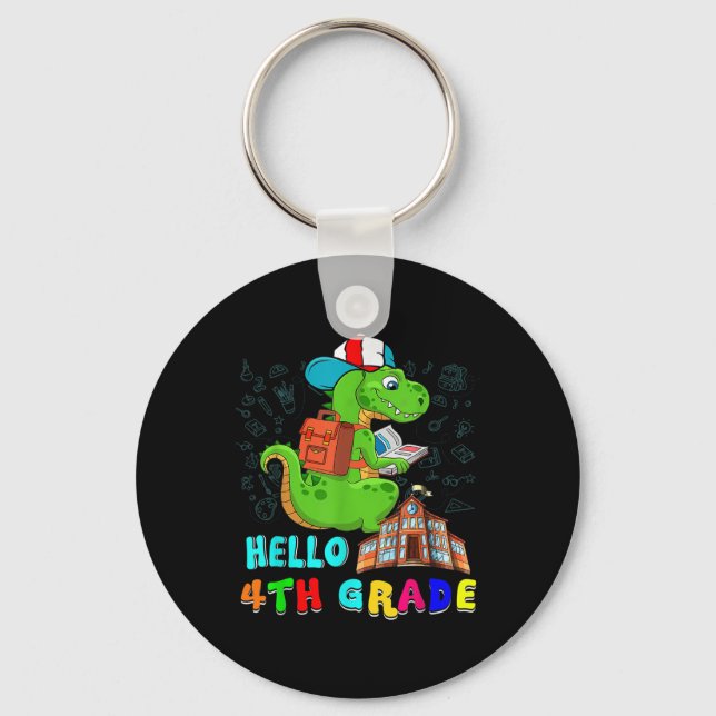 Hello 4th Grade T-rex Wearing School Bag Reading B Key Ring (Front)