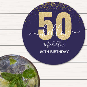 Hello 50! -50th Birthday with Gold Glitter Round Paper Coaster