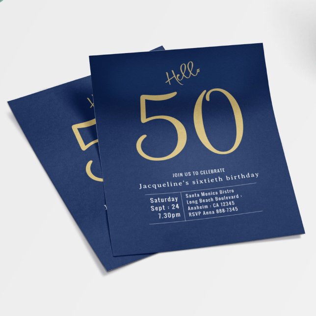 Hello 50 Blue Gold Budget 50th Birthday Invitation Flyer (Creator Uploaded)