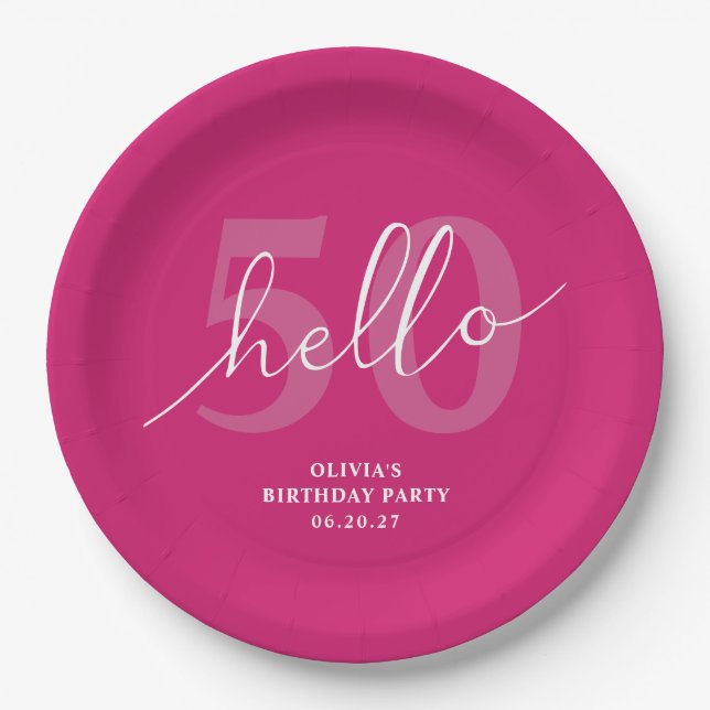 Hello 50 | Bold Hot Pink 50th Birthday Custom Paper Plate (Front)
