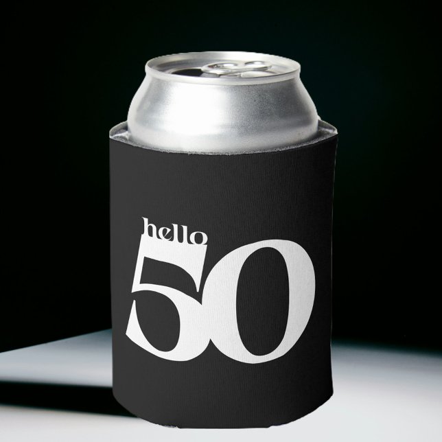 Hello 50 Bold Modern Black and White Birthday Can Cooler (Creator Uploaded)
