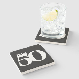 Hello 50 Bold Modern Black and White Birthday Stone Coaster