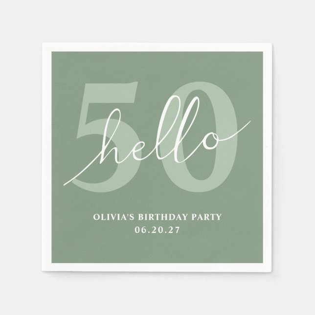 Hello 50 | Minimal Modern Sage Green 50th Birthday Napkin (Front)