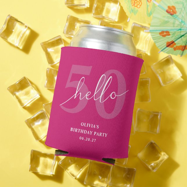 Hello 50 | Modern Hot Pink 50th Birthday Custom Can Cooler (In Situ Summer)