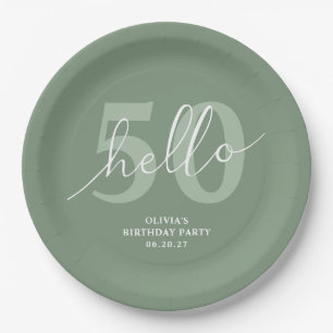 Hello 50 Modern Simple Sage Green 50th Birthday Paper Plate