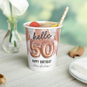 Hello 50 Pink Glitter Birthday Balloons Paper Cups