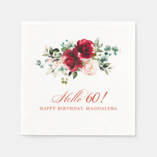 Hello 60 Birthday Party Red Pink Floral Napkin