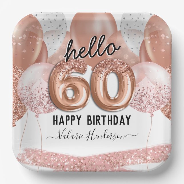 Hello 60 Pink Glitter Birthday Balloons Paper Plat Paper Plate (Front)