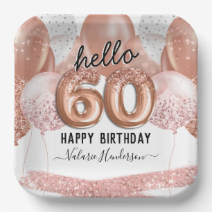 Hello 60 Pink Glitter Birthday Balloons Paper Plat Plate